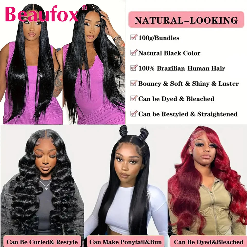 Beaufox Straight Human Hair Bundles Brazilian Unprocessed Bundles Human Hair Weave Bundles Straight Hair 1/3/4 Bundles Deal 30"