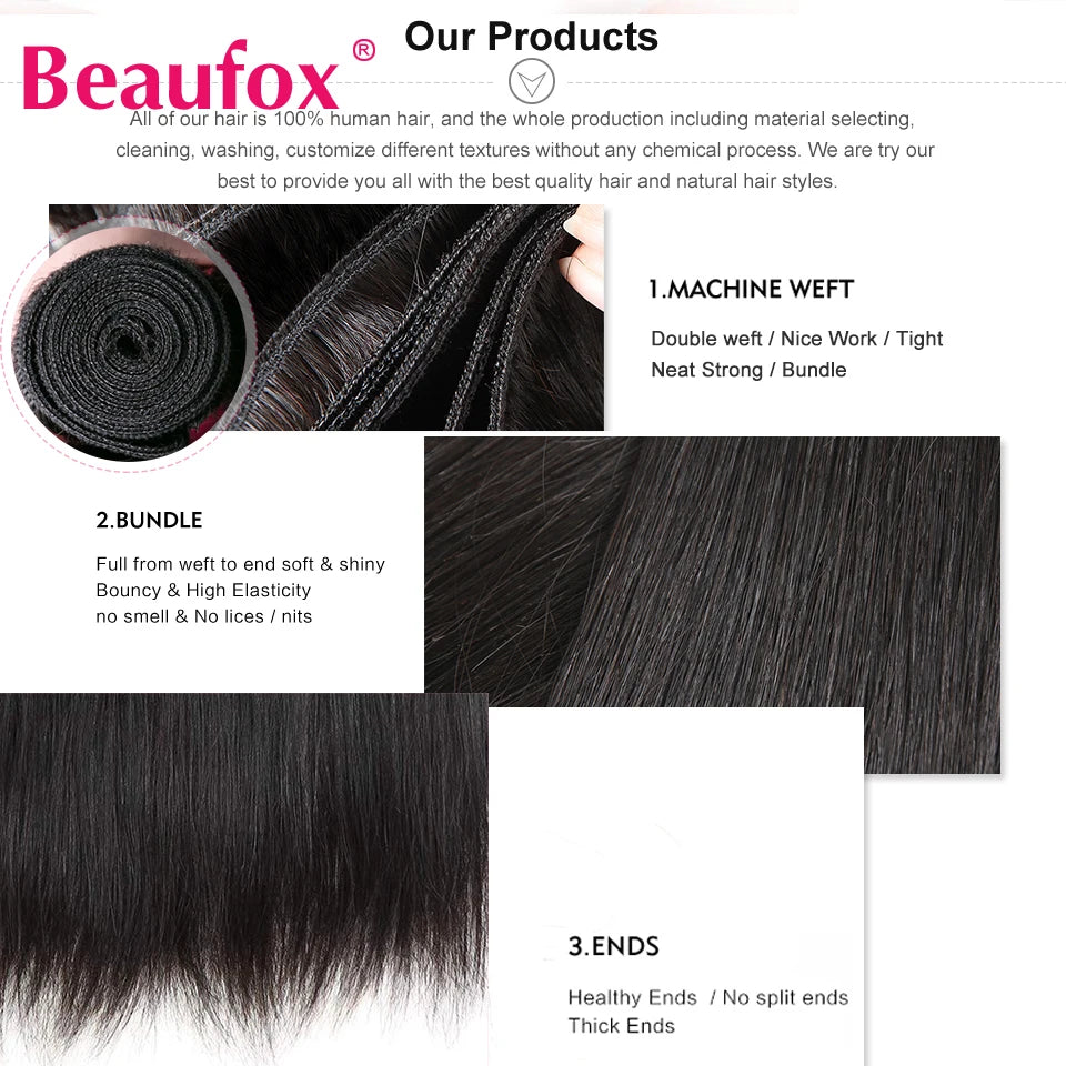 Beaufox Straight Human Hair Bundles Brazilian Unprocessed Bundles Human Hair Weave Bundles Straight Hair 1/3/4 Bundles Deal 30"