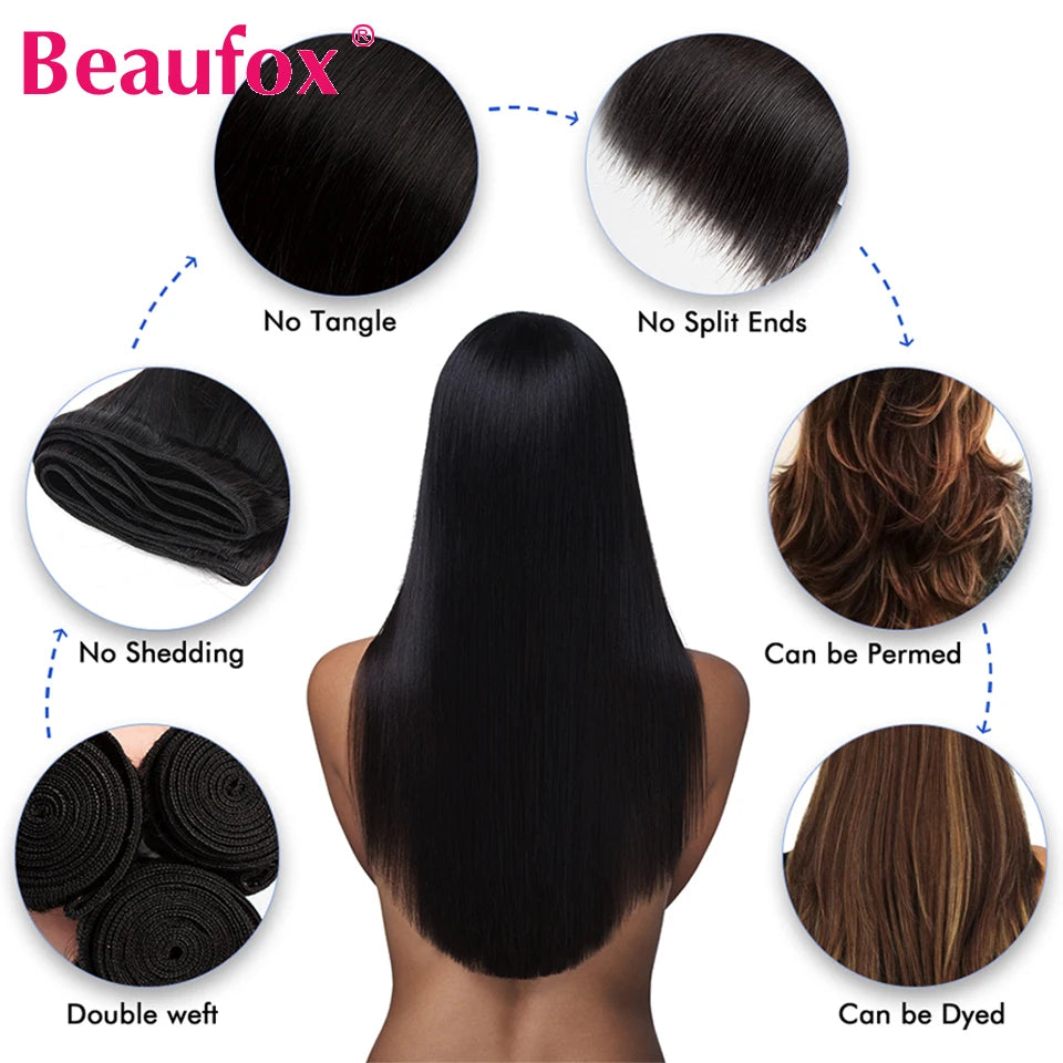 Beaufox Straight Human Hair Bundles Brazilian Unprocessed Bundles Human Hair Weave Bundles Straight Hair 1/3/4 Bundles Deal 30"