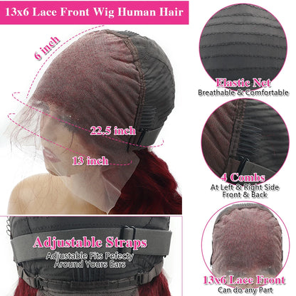 200 Density 99j Burgundy 40 42 Inch HD 13x6 Lace Frontal Wigs Human Hair Transparent Preplucked Red Colored Deep Wave Remy Hair