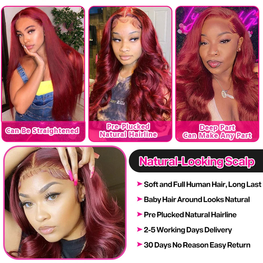 200 Density 99J Burgundy Body Wave Lace Front Wig Human Hair Preplucked 42 44 Long Inch 13x4 13x6 HD Lace Frontal Wigs For Women