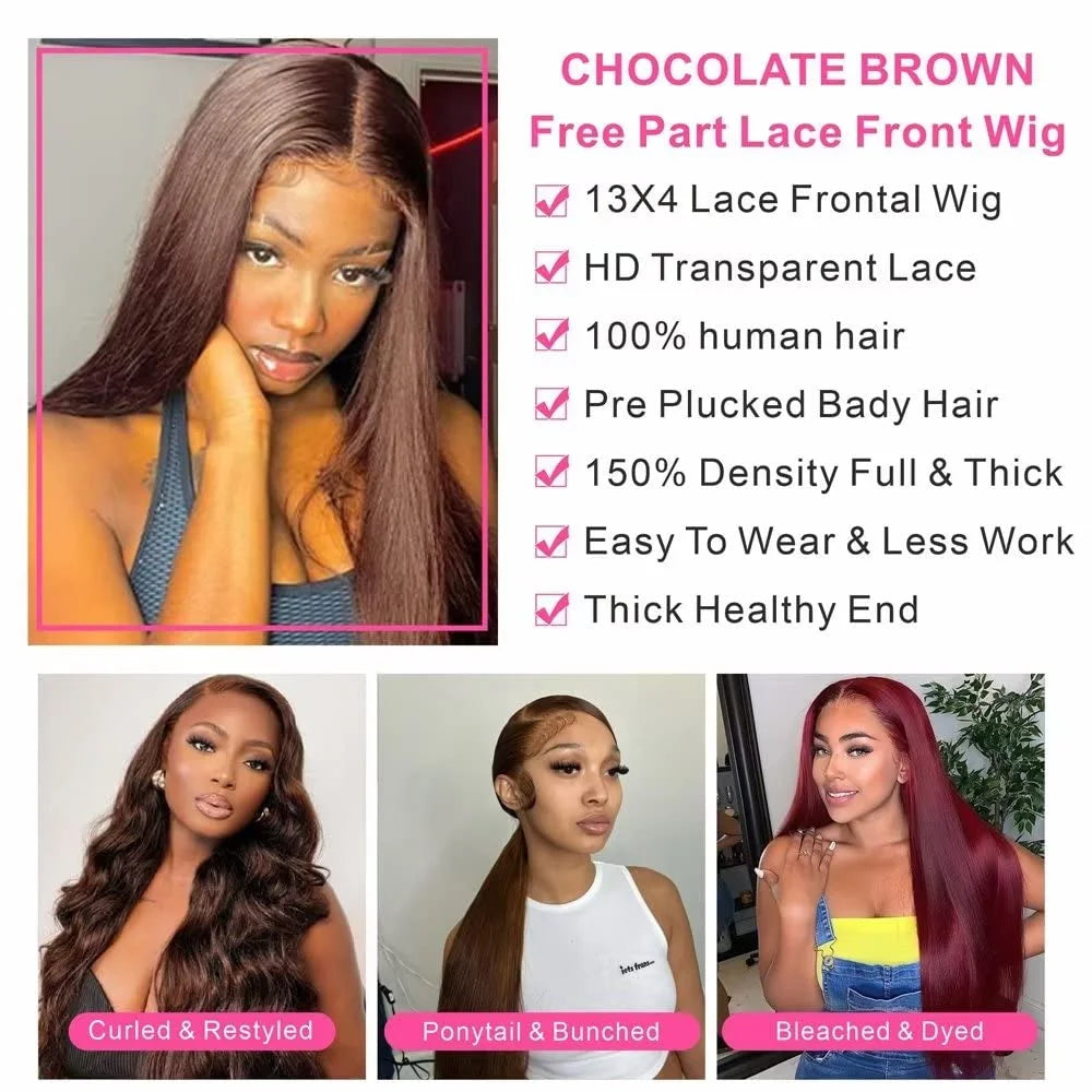 13x4 Chocolate Brown Lace Front Wigs Human Hair 13x6 Transparent Straight Lace Frontal Wigs Pre Plucked Hairline For Women