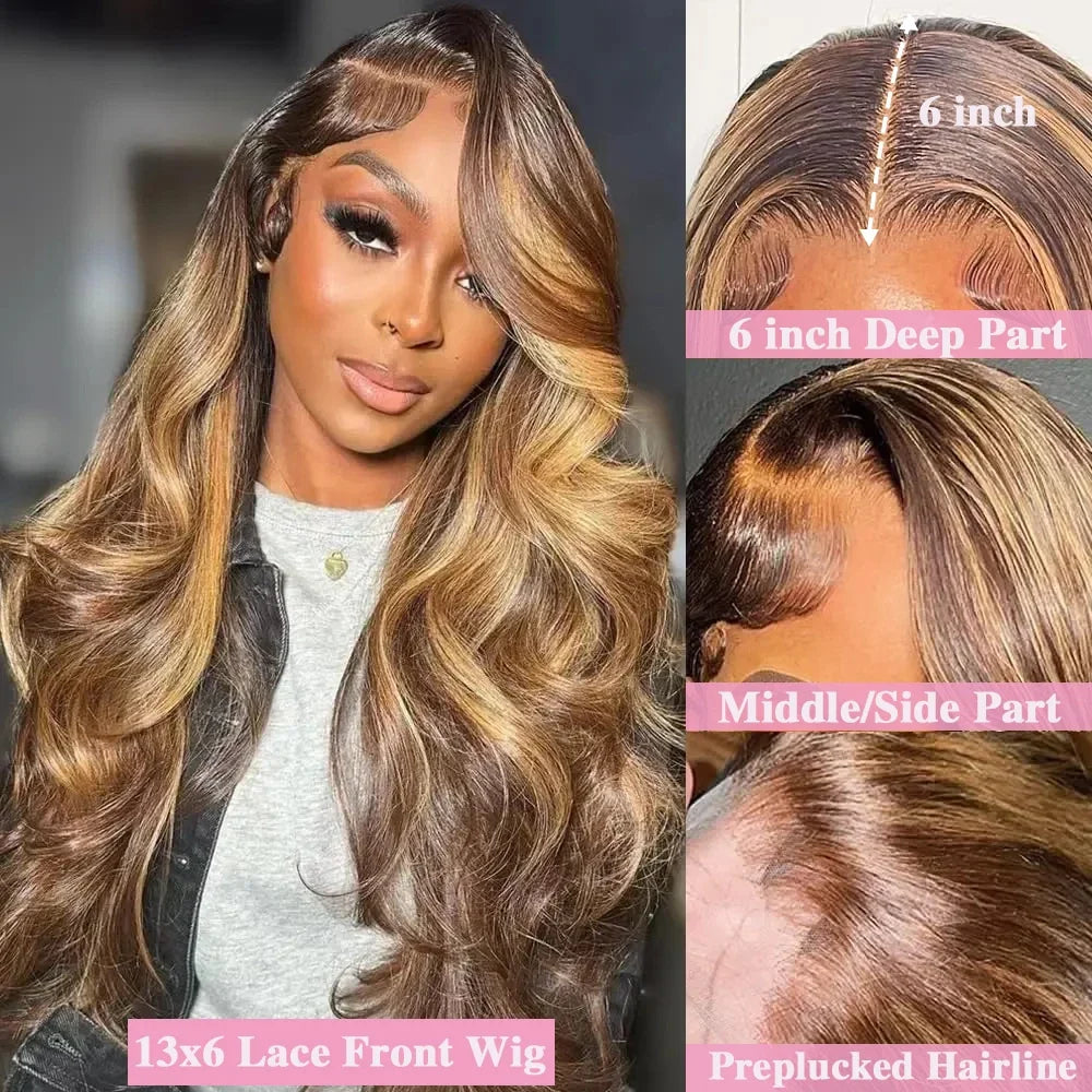 HD Highlight Wig Human Hair Brazilian Bleached Wig Honey Blonde Colored Human Hair Wigs for Women Ombre Body Wave Lace Front Wig