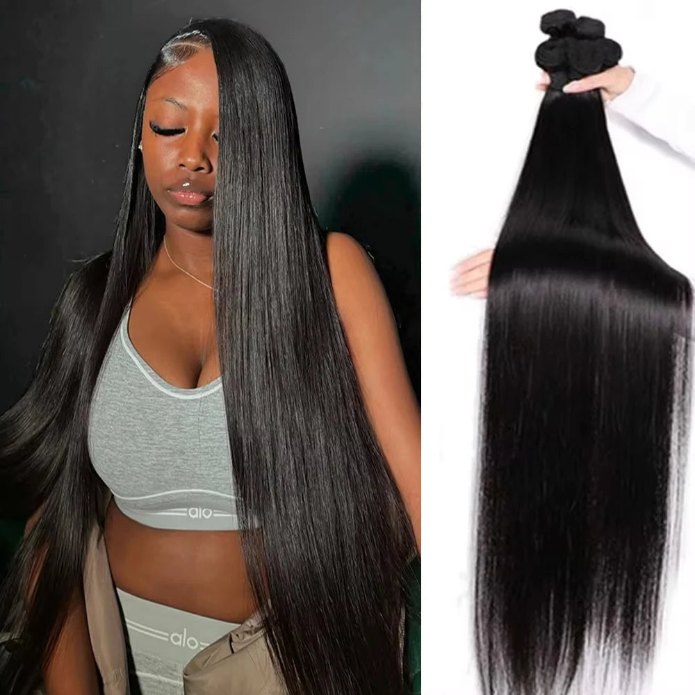 Bone Straight 28 36 40 Inch Human Hair Bundle Brazilian Hair Weave Extensions 3/4 PCS Raw Hair Extension  For Women