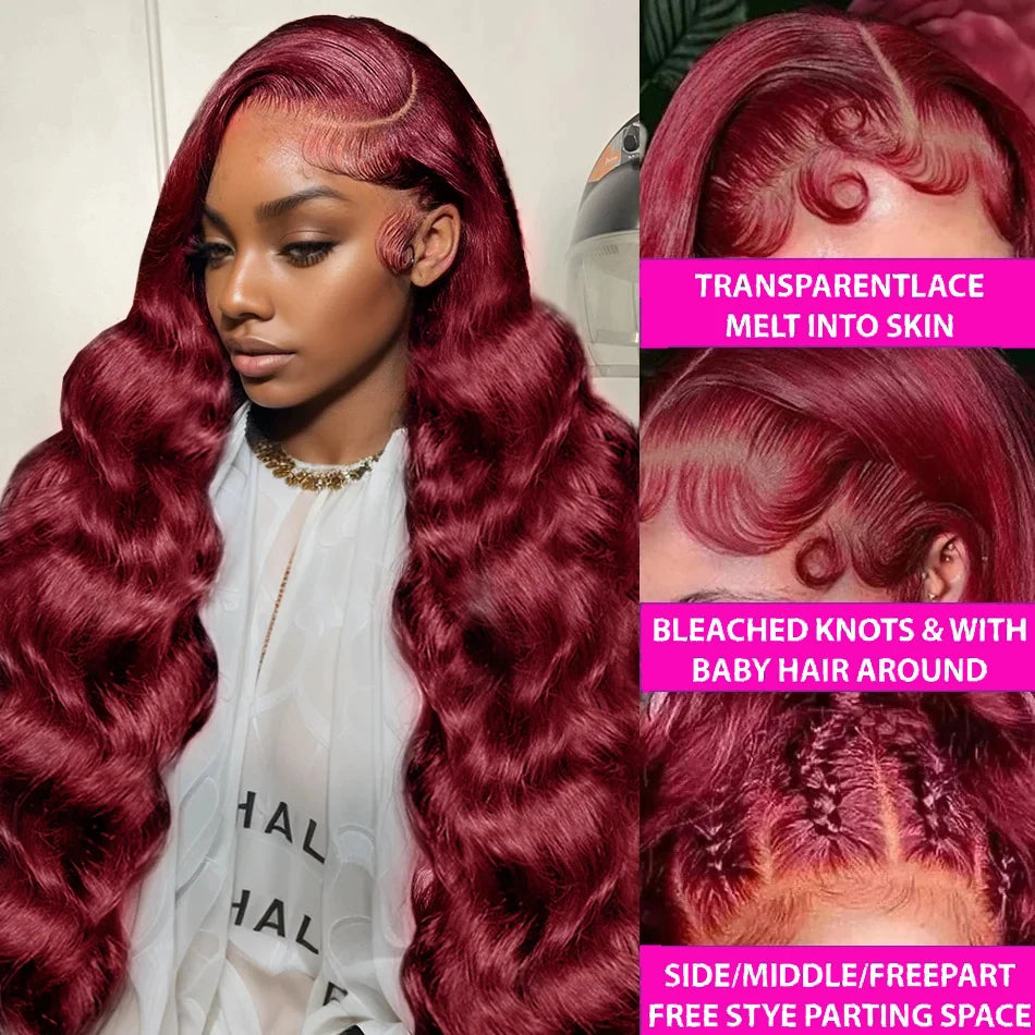 200 Density 99J Burgundy Body Wave Lace Front Wig Human Hair Preplucked 42 44 Long Inch 13x4 13x6 HD Lace Frontal Wigs For Women