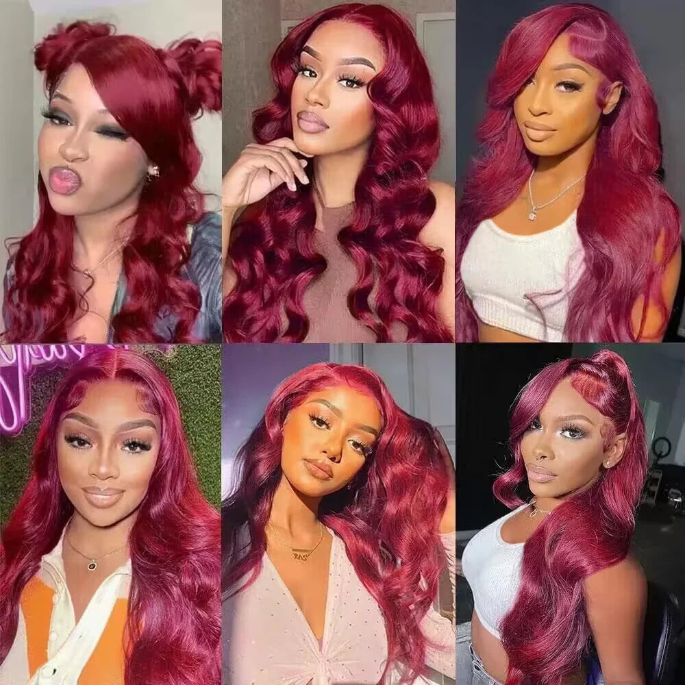 200 Density 99J Burgundy Body Wave Lace Front Wig Human Hair Preplucked 42 44 Long Inch 13x4 13x6 HD Lace Frontal Wigs For Women