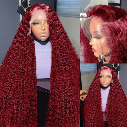 200 Density 99j Burgundy 40 42 Inch HD 13x6 Lace Frontal Wigs Human Hair Transparent Preplucked Red Colored Deep Wave Remy Hair