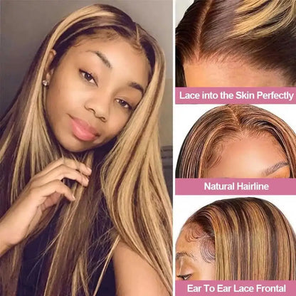 30 36 Inch 4/27 Highlight Ombre 13x4 HD Lace Front Wig Bone Straight 13x6 Lace Frontal Human Hair Wigs 200% Density Preplucked