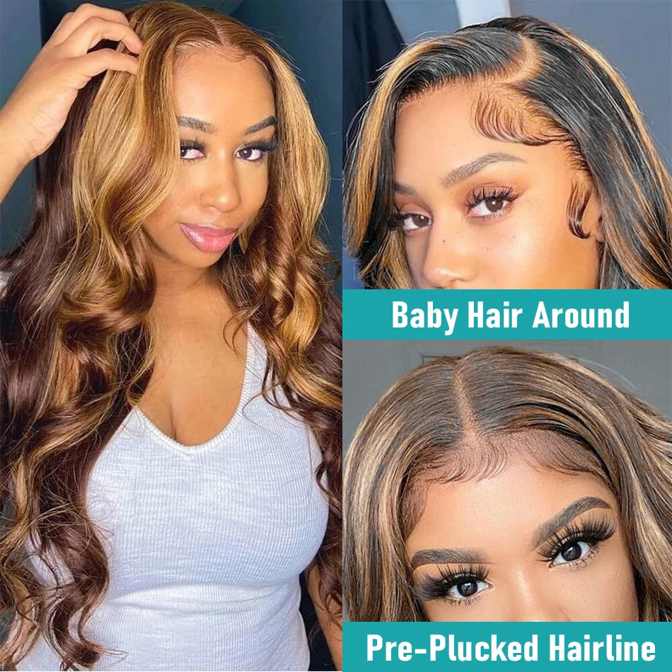 HD Highlight Wig Human Hair Brazilian Bleached Wig Honey Blonde Colored Human Hair Wigs for Women Ombre Body Wave Lace Front Wig