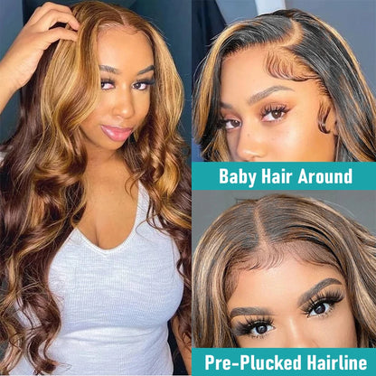 HD Highlight Wig Human Hair Brazilian Bleached Wig Honey Blonde Colored Human Hair Wigs for Women Ombre Body Wave Lace Front Wig