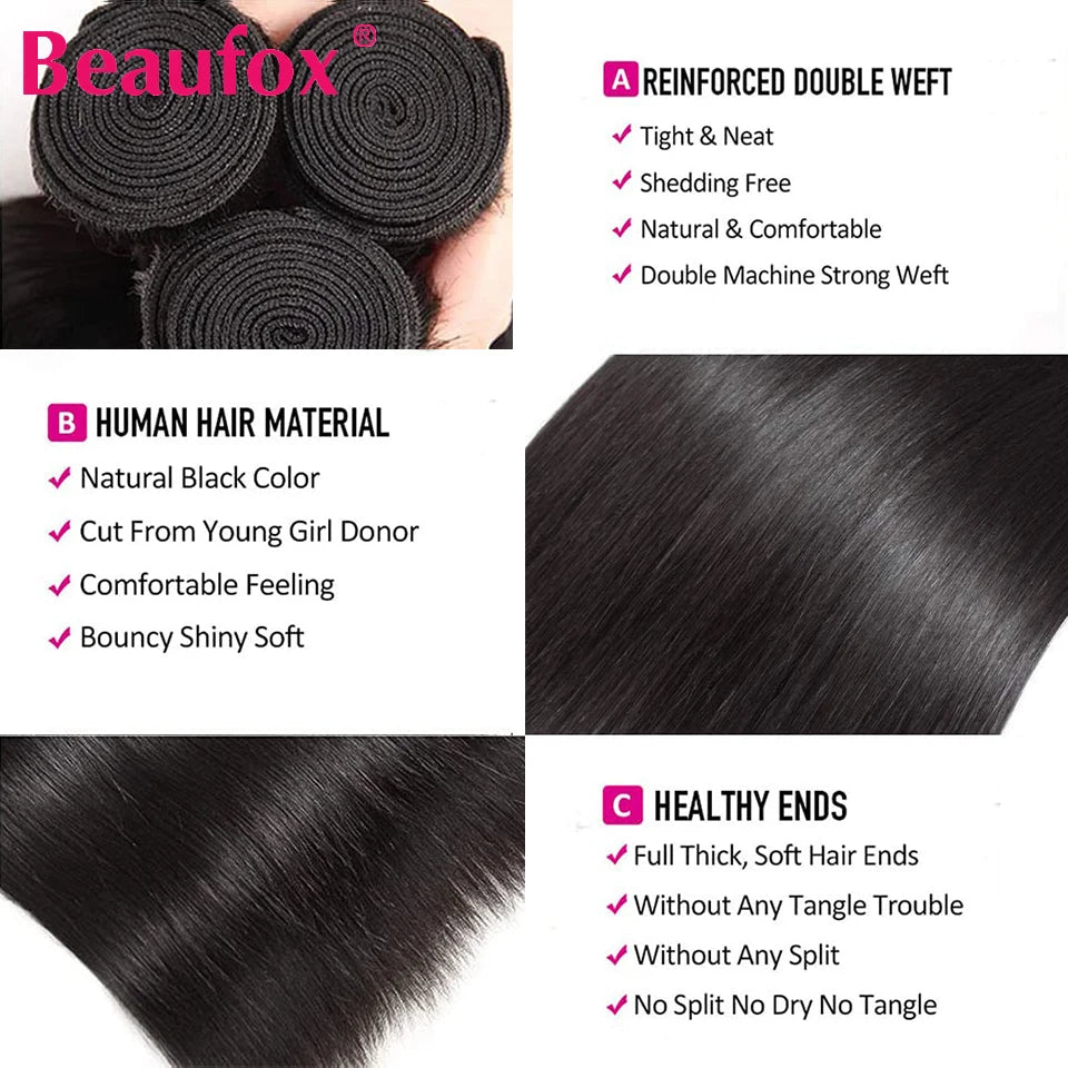 Beaufox Straight Human Hair Bundles Brazilian Unprocessed Bundles Human Hair Weave Bundles Straight Hair 1/3/4 Bundles Deal 30"
