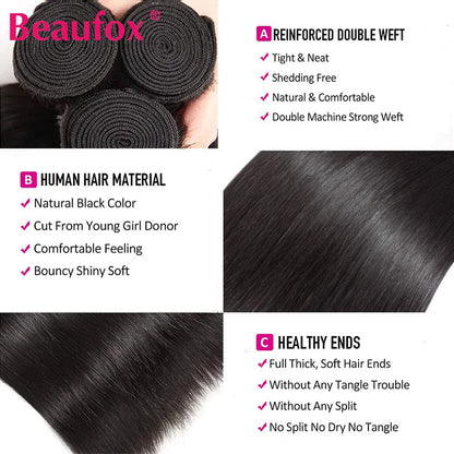 Beaufox Straight Human Hair Bundles Brazilian Unprocessed Bundles Human Hair Weave Bundles Straight Hair 1/3/4 Bundles Deal 30"