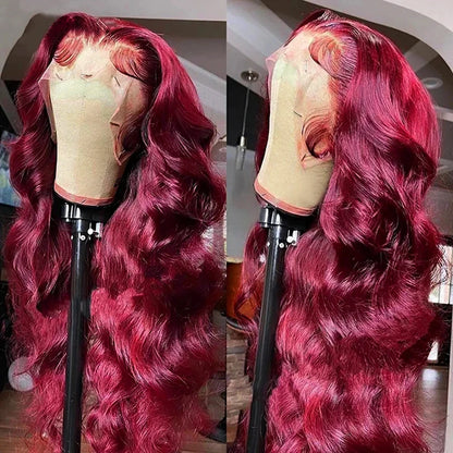 200 Density 99J Burgundy Body Wave Lace Front Wig Human Hair Preplucked 42 44 Long Inch 13x4 13x6 HD Lace Frontal Wigs For Women