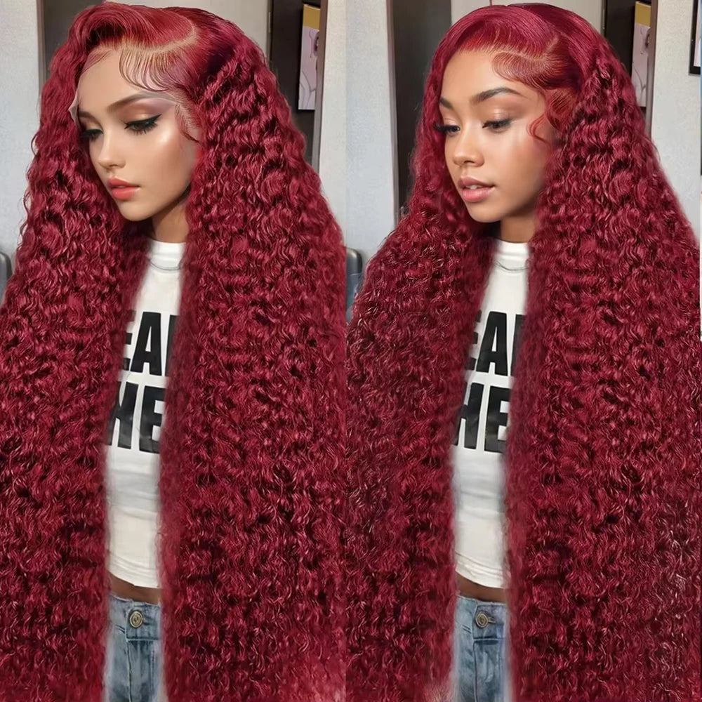 200 Density 99j Burgundy 40 42 Inch HD 13x6 Lace Frontal Wigs Human Hair Transparent Preplucked Red Colored Deep Wave Remy Hair