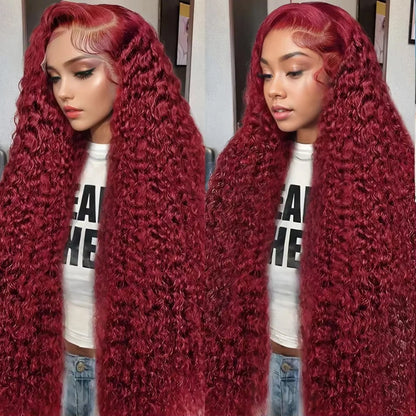 200 Density 99j Burgundy 40 42 Inch HD 13x6 Lace Frontal Wigs Human Hair Transparent Preplucked Red Colored Deep Wave Remy Hair