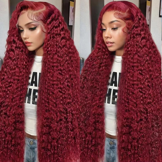 200 Density 99j Burgundy 40 42 Inch HD 13x6 Lace Frontal Wigs Human Hair Transparent Preplucked Red Colored Deep Wave Remy Hair