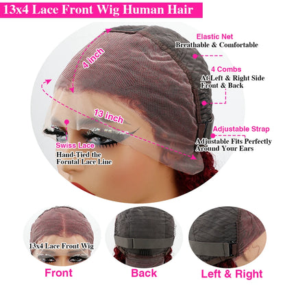 200 Density 99j Burgundy 40 42 Inch HD 13x6 Lace Frontal Wigs Human Hair Transparent Preplucked Red Colored Deep Wave Remy Hair