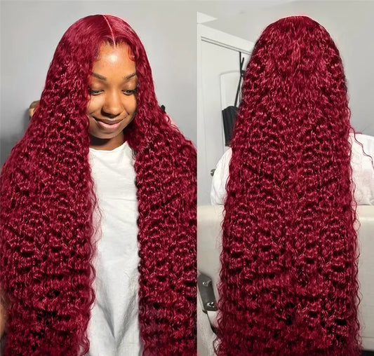 Burgundy 99J Red Colored Brazilian Human Hair Deep Wave 13x4 13x6 HD Lace Frontal Wig 220 Density Lace Frontal Wig For Women