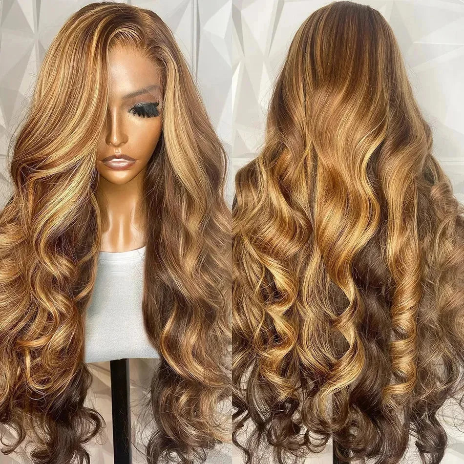 HD Highlight Wig Human Hair Brazilian Bleached Wig Honey Blonde Colored Human Hair Wigs for Women Ombre Body Wave Lace Front Wig