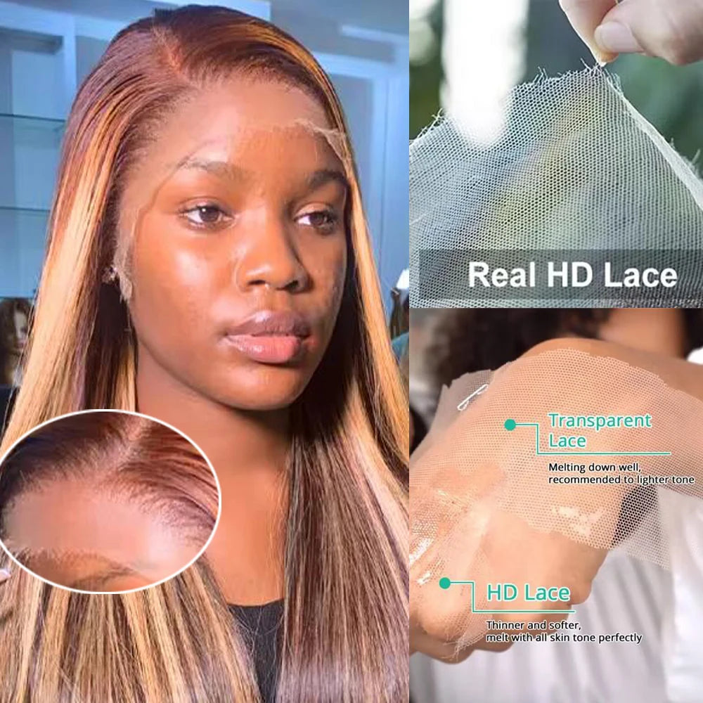 30 36 Inch 4/27 Highlight Ombre 13x4 HD Lace Front Wig Bone Straight 13x6 Lace Frontal Human Hair Wigs 200% Density Preplucked