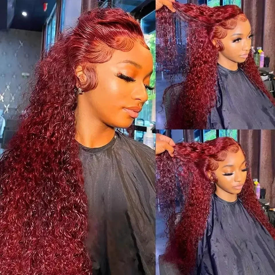 Burgundy 99J Red Colored Brazilian Human Hair Deep Wave 13x4 13x6 HD Lace Frontal Wig 220 Density Lace Frontal Wig For Women