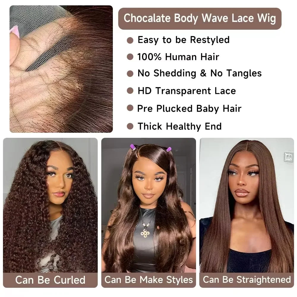 13x6 Chocolate Brown HD Lace Front Human Hair Wigs Body Wave Human Hair Wig 46 Inch 200Density Colored Human Hair Wigs For Women