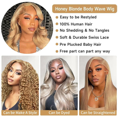 Body Wave Honey Blonde Wig Human Hair 13x6 HD Lace Frontal Wig Human Hair Clearance Sale Wavy 27# Colored Remy Wigs for Women