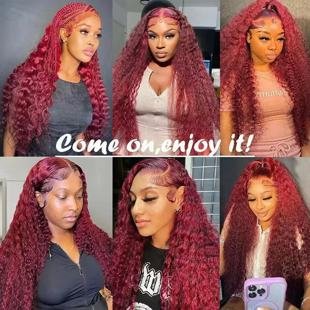 200 Density 99j Burgundy 40 42 Inch HD 13x6 Lace Frontal Wigs Human Hair Transparent Preplucked Red Colored Deep Wave Remy Hair