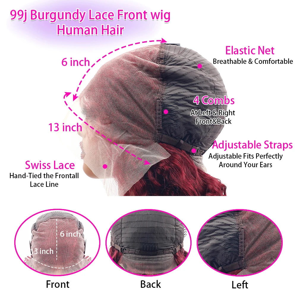 200 Density 99J Burgundy Body Wave Lace Front Wig Human Hair Preplucked 42 44 Long Inch 13x4 13x6 HD Lace Frontal Wigs For Women
