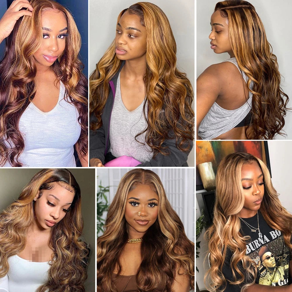 HD Highlight Wig Human Hair Brazilian Bleached Wig Honey Blonde Colored Human Hair Wigs for Women Ombre Body Wave Lace Front Wig