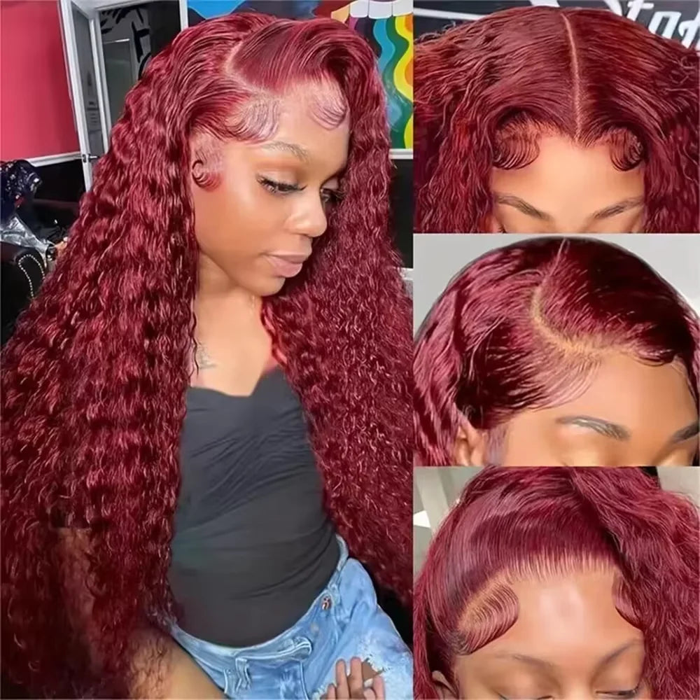 200 Density 99j Burgundy 40 42 Inch HD 13x6 Lace Frontal Wigs Human Hair Transparent Preplucked Red Colored Deep Wave Remy Hair