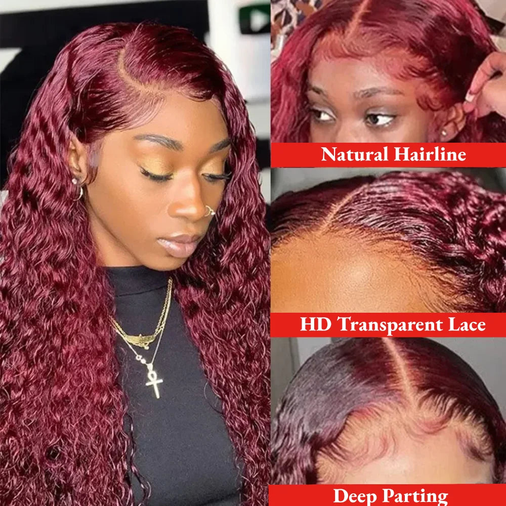 Burgundy 99J Red Colored Brazilian Human Hair Deep Wave 13x4 13x6 HD Lace Frontal Wig 220 Density Lace Frontal Wig For Women
