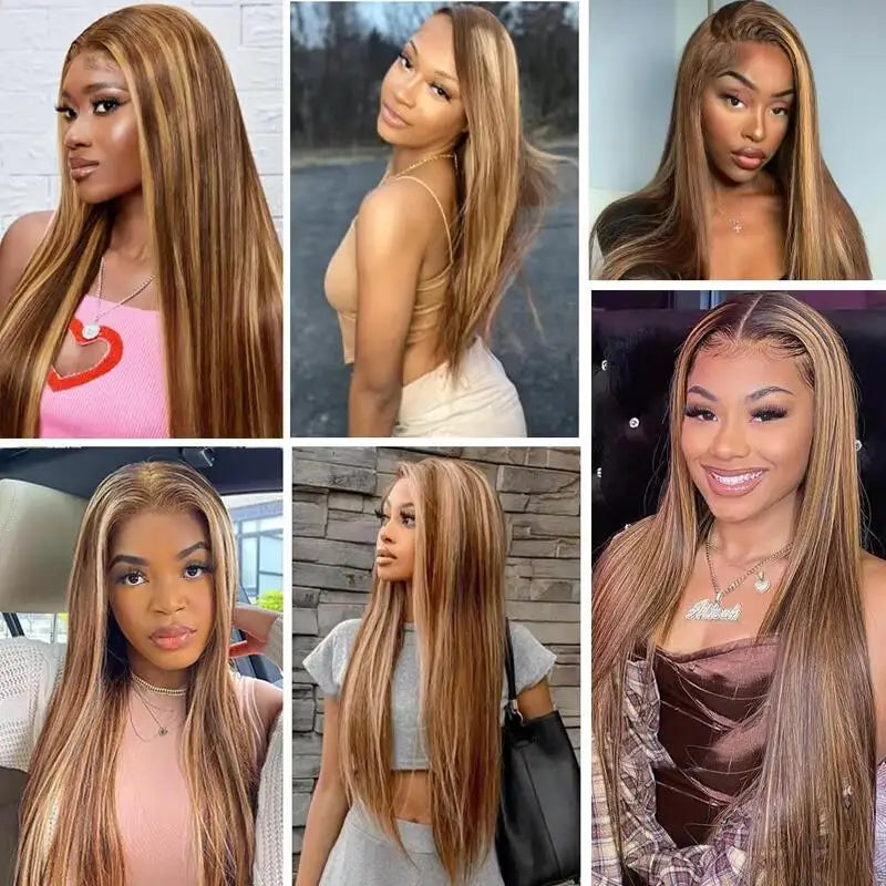 30 36 Inch 4/27 Highlight Ombre 13x4 HD Lace Front Wig Bone Straight 13x6 Lace Frontal Human Hair Wigs 200% Density Preplucked
