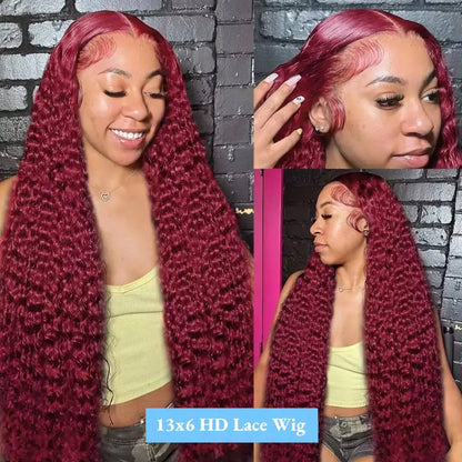 Burgundy 99J Red Colored Brazilian Human Hair Deep Wave 13x4 13x6 HD Lace Frontal Wig 220 Density Lace Frontal Wig For Women