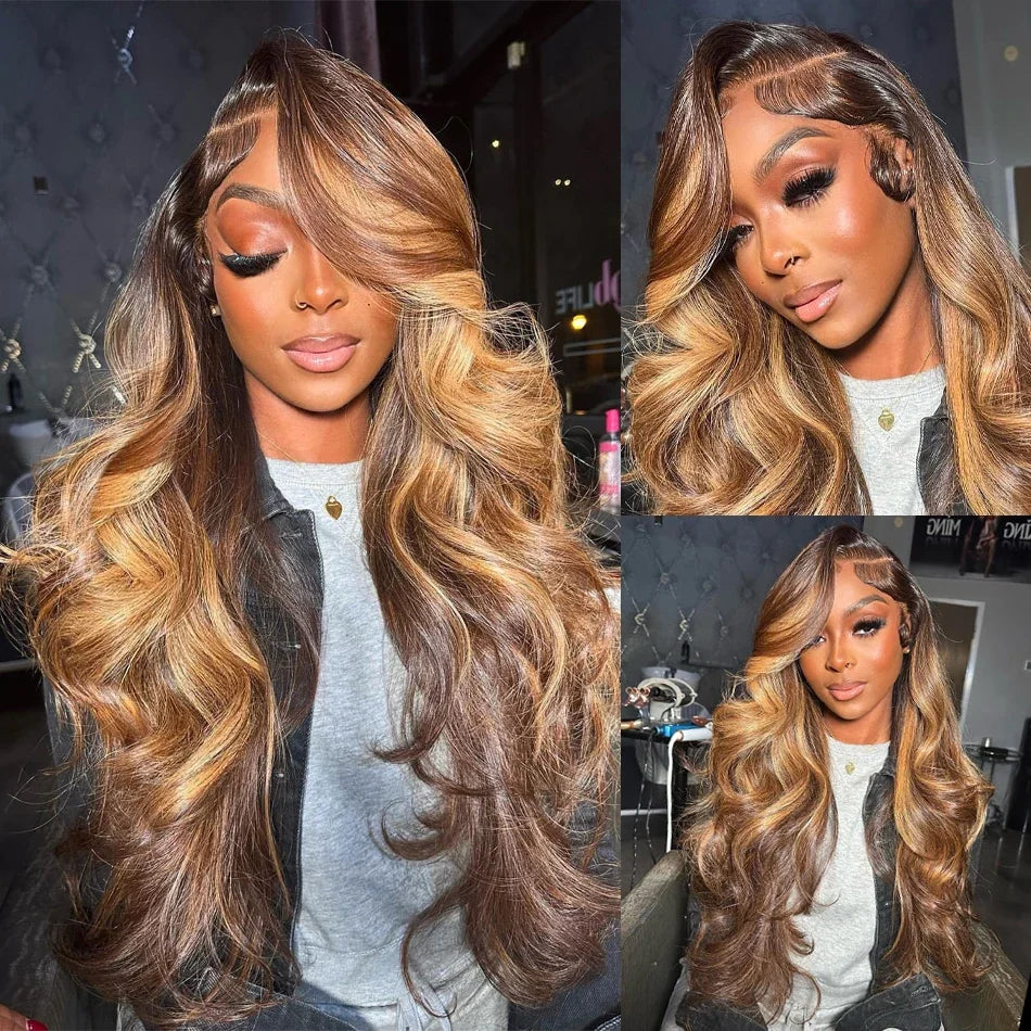 HD Highlight Wig Human Hair Brazilian Bleached Wig Honey Blonde Colored Human Hair Wigs for Women Ombre Body Wave Lace Front Wig