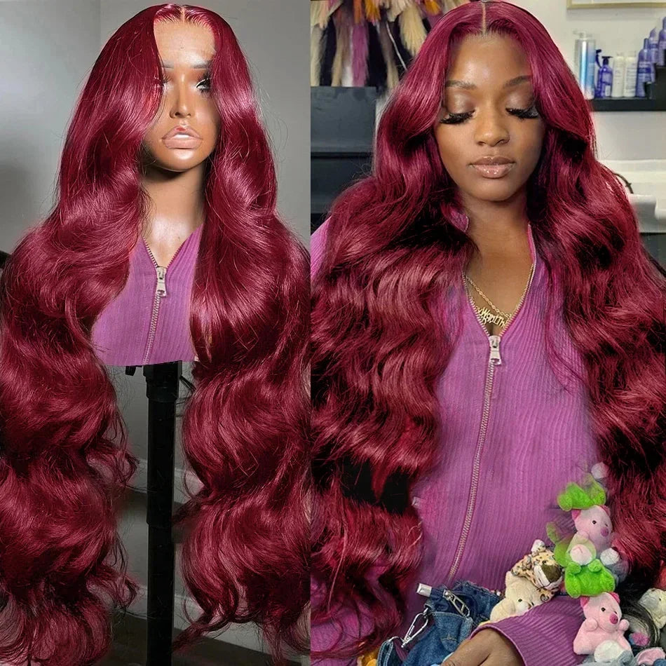 200 Density 99J Burgundy Body Wave Lace Front Wig Human Hair Preplucked 42 44 Long Inch 13x4 13x6 HD Lace Frontal Wigs For Women