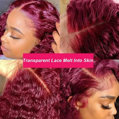 Burgundy 99J Red Colored Brazilian Human Hair Deep Wave 13x4 13x6 HD Lace Frontal Wig 220 Density Lace Frontal Wig For Women