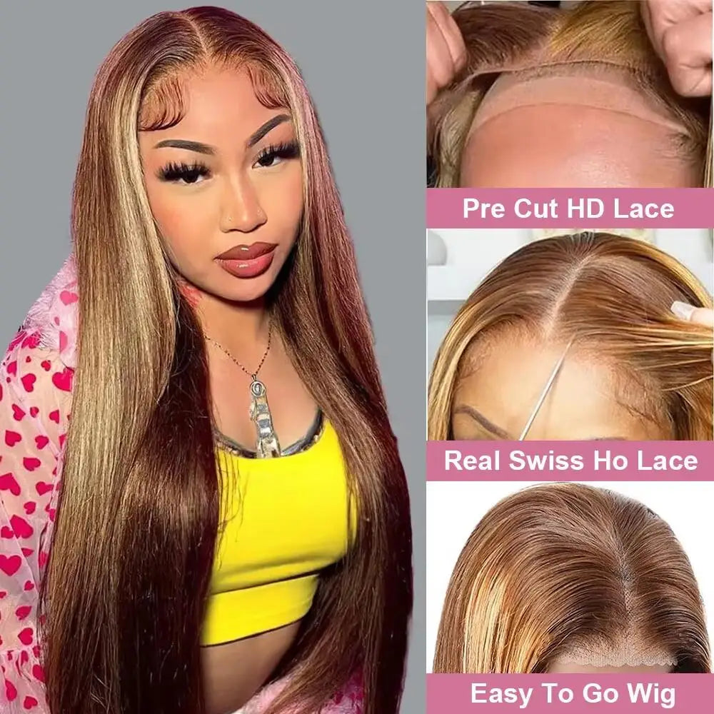 30 36 Inch 4/27 Highlight Ombre 13x4 HD Lace Front Wig Bone Straight 13x6 Lace Frontal Human Hair Wigs 200% Density Preplucked